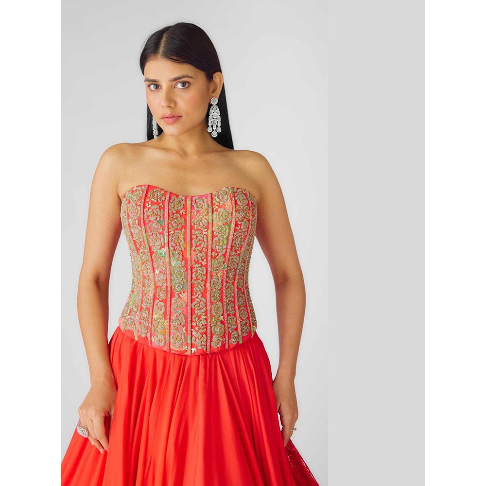 Basanti Kapde aur Koffee The Amber Flame Lehenga And Corset With Dupatta