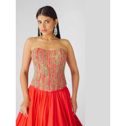 Basanti Kapde aur Koffee The Amber Flame Lehenga And Corset With Dupatta