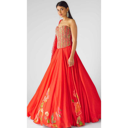 Basanti Kapde aur Koffee The Amber Flame Lehenga And Corset With Dupatta