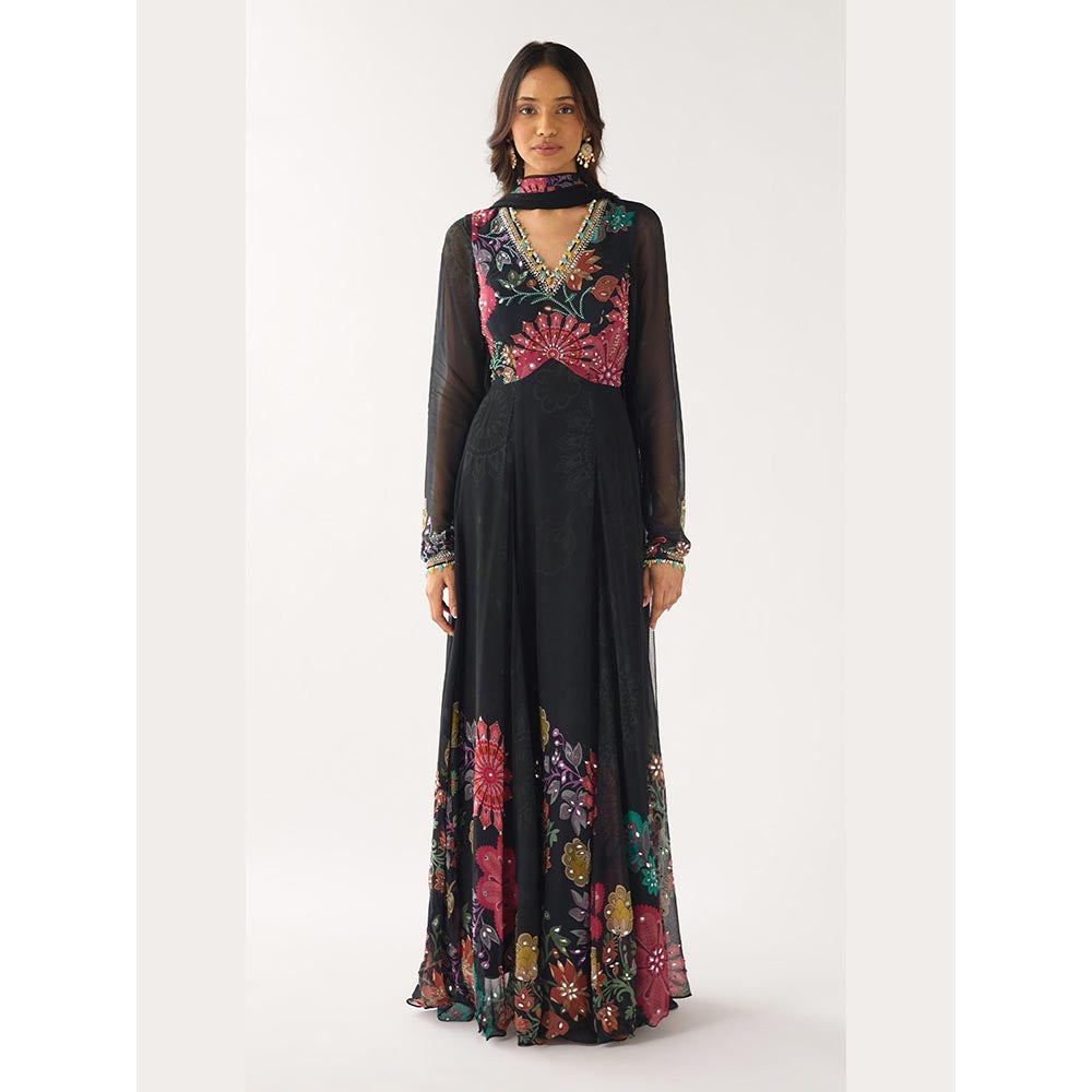 Basanti Kapde aur Koffee Black Georgette Embroidered Anarkali and Dupatta