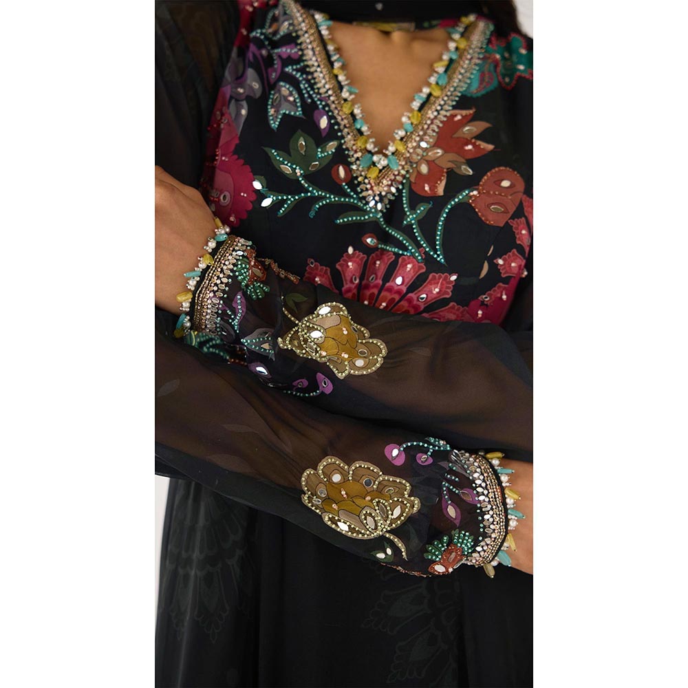 Basanti Kapde aur Koffee Black Georgette Embroidered Anarkali and Dupatta