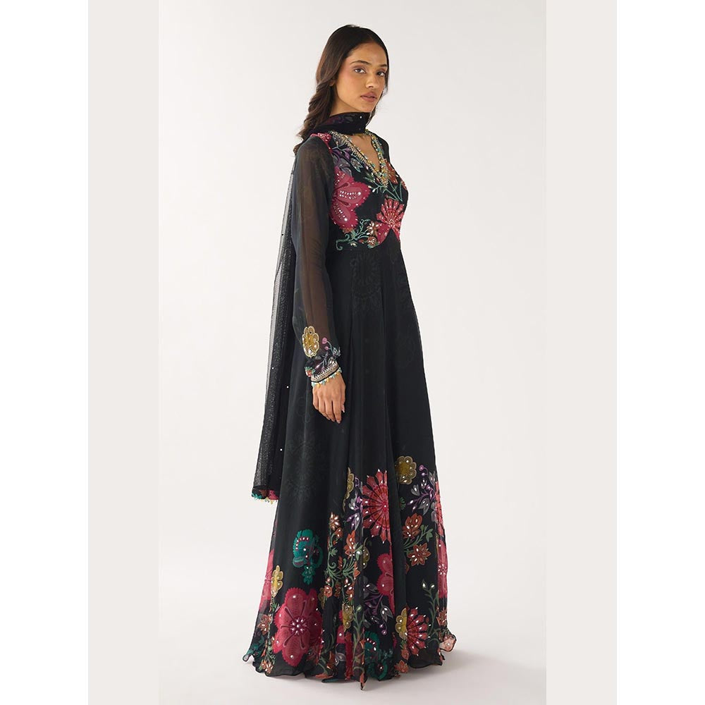 Basanti Kapde aur Koffee Black Georgette Embroidered Anarkali and Dupatta