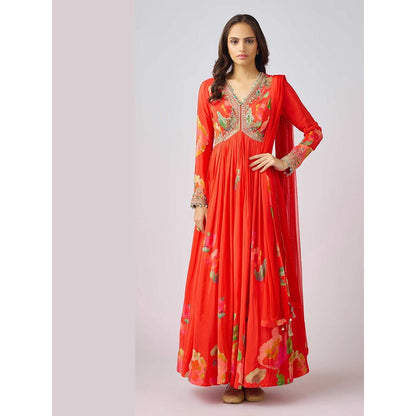 Basanti Kapde aur Koffee Red Georgette Embroidered Anarkali and Dupatta