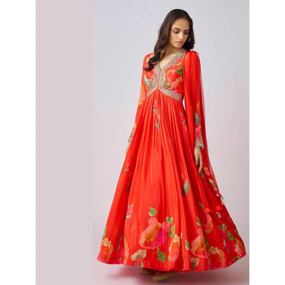Basanti Kapde aur Koffee Red Georgette Embroidered Anarkali and Dupatta