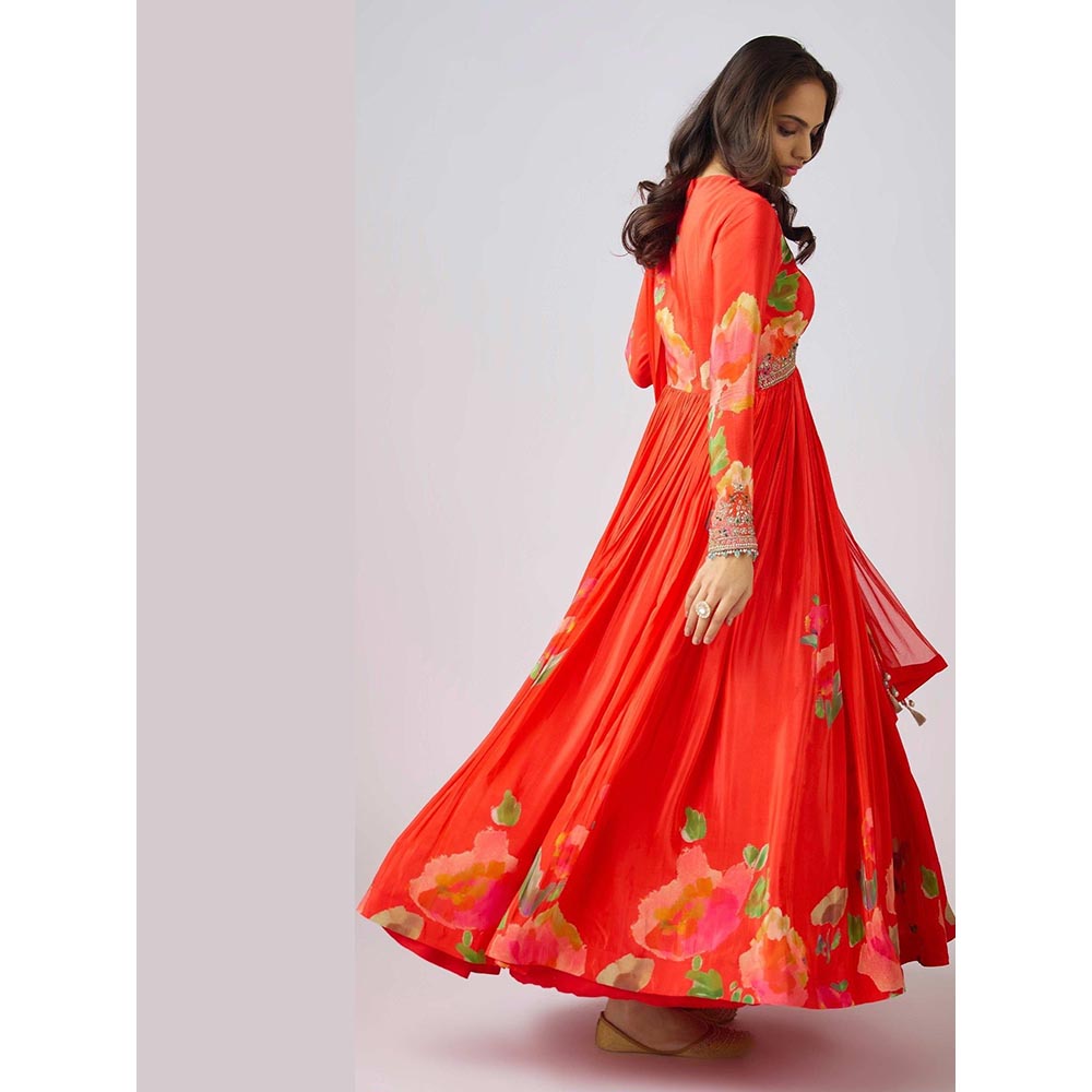 Basanti Kapde aur Koffee Red Georgette Embroidered Anarkali and Dupatta
