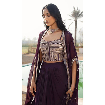 Basanti Kapde aur Koffee Purple Embroidered Skirt Set with Cape