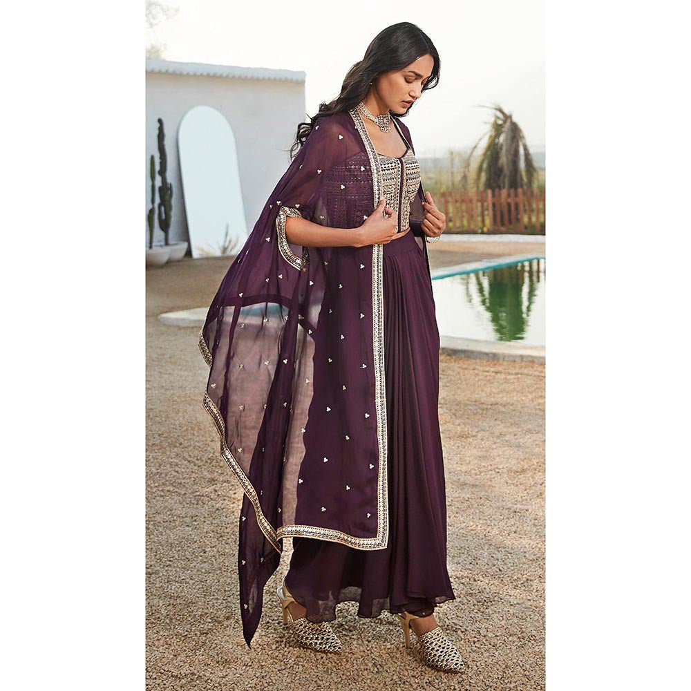 Basanti Kapde aur Koffee Purple Embroidered Skirt Set with Cape