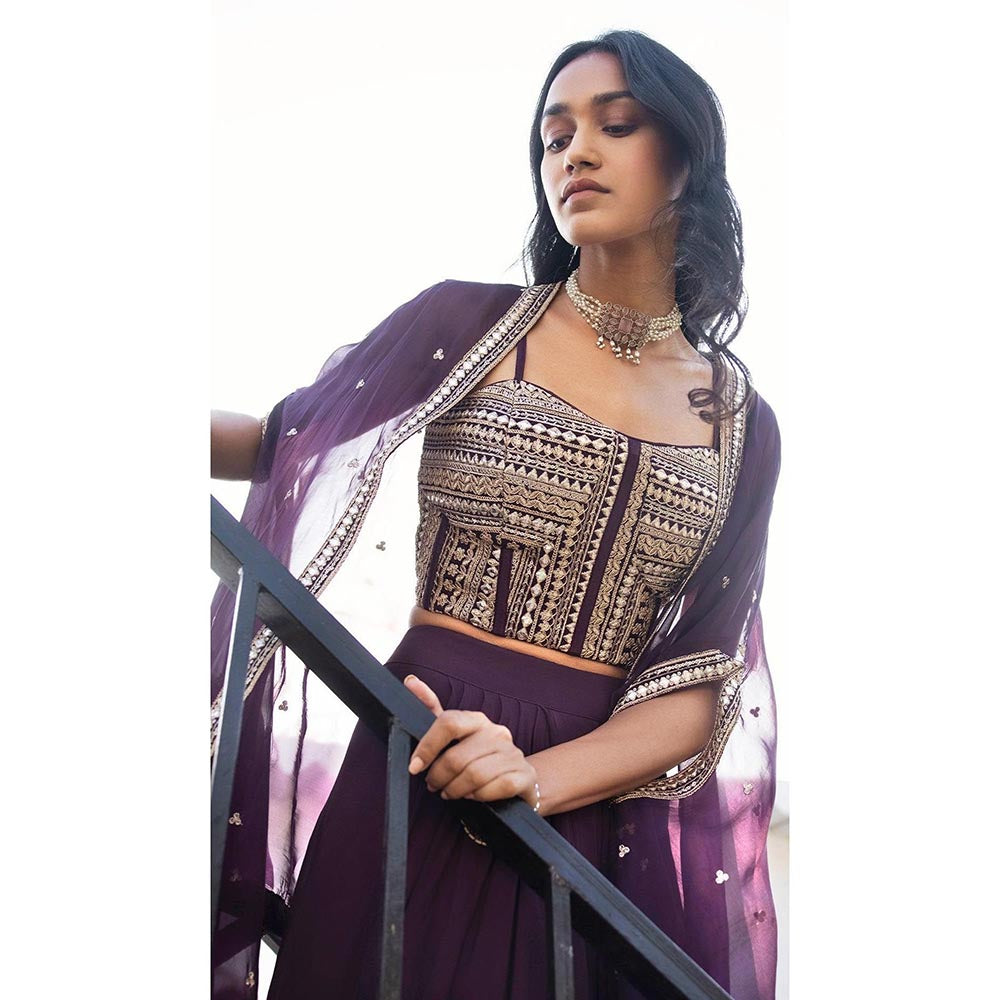 Basanti Kapde aur Koffee Purple Embroidered Skirt Set with Cape