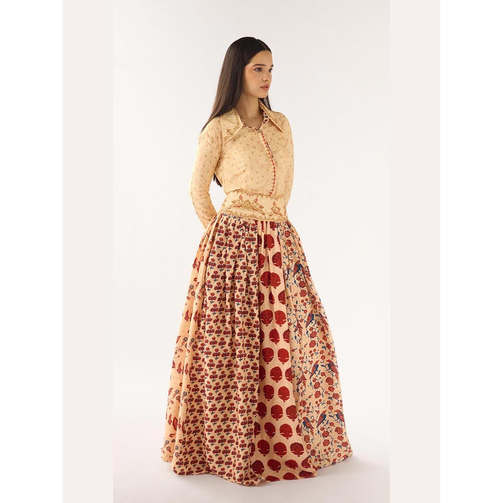 Basanti Kapde aur Koffee Multi-Color Raw Silk Embroidered Skirt Set