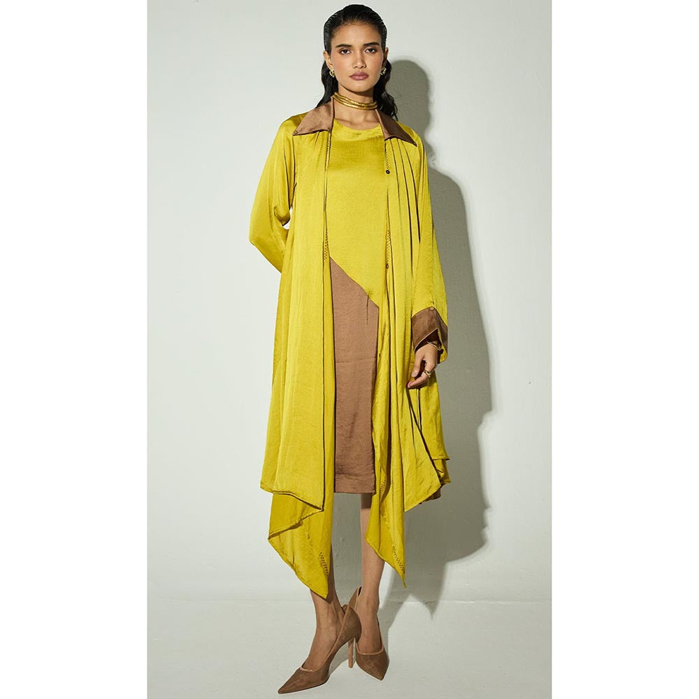 Basanti Kapde aur Koffee The Ochre Glow Satin Overlay Jacket with Dress