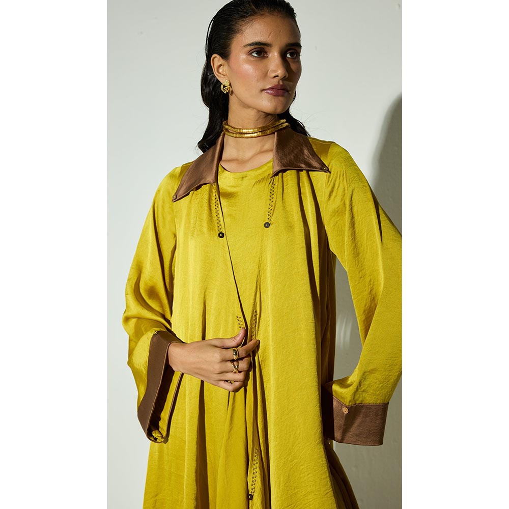 Basanti Kapde aur Koffee The Ochre Glow Satin Overlay Jacket with Dress