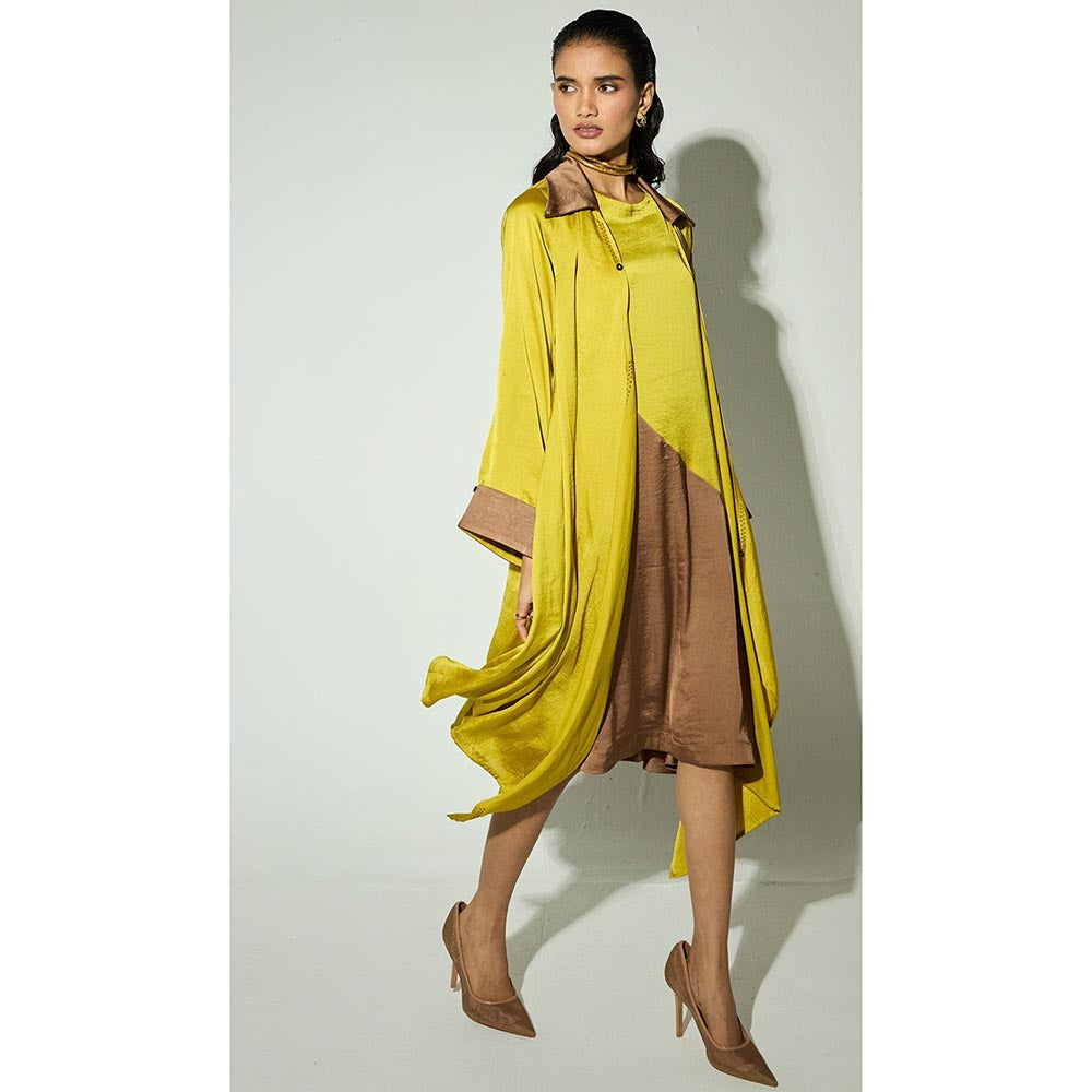 Basanti Kapde aur Koffee The Ochre Glow Satin Overlay Jacket with Dress