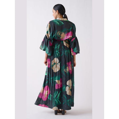 Basanti Kapde aur Koffee Green Muslin Floral A Line Dress