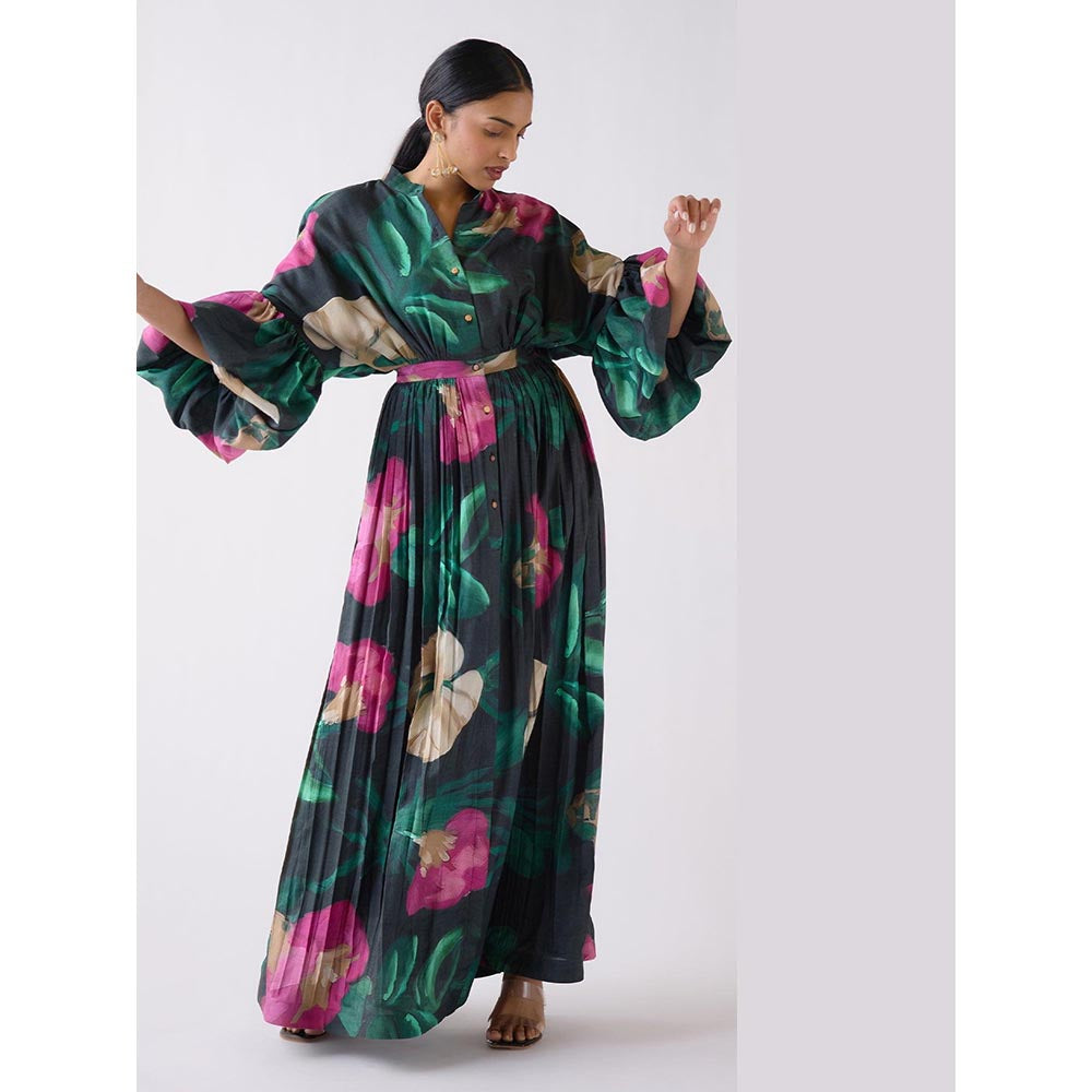 Basanti Kapde aur Koffee Green Muslin Floral A Line Dress