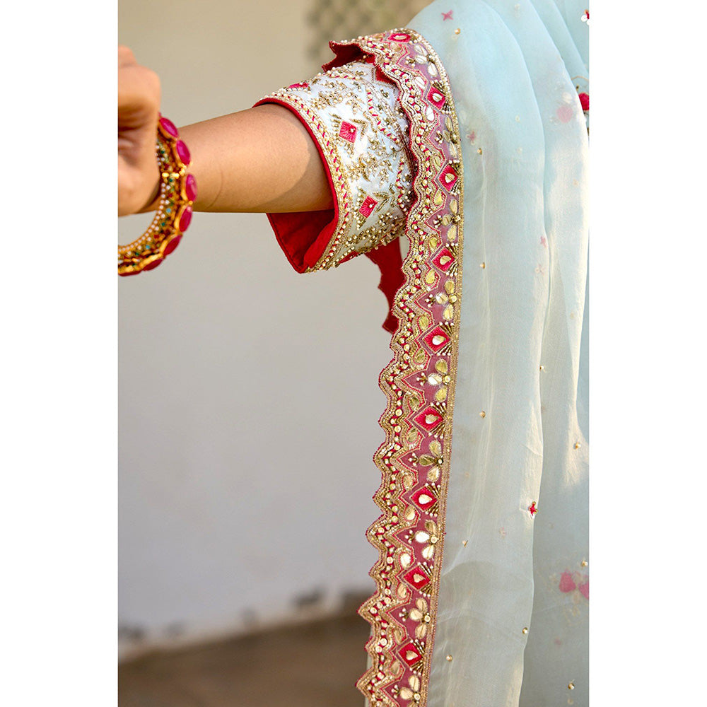 Bbaawri Hand Embroidered Silk Organza Dupatta Blue