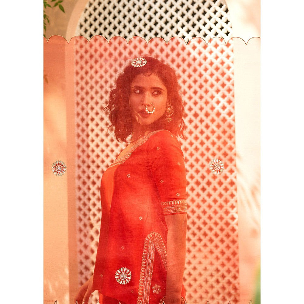 Bbaawri Hand Embroidered Silk Organza Dupatta Red