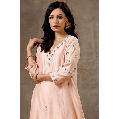 Bbaawri Peach Color Hand Embroidered Chanderi Silk Kurta with Pant & Dupatta (Set of 3)
