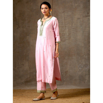 Bbaawri Pink Green Hand Embroidered Chanderi Silk Kurta with Pant & Dupatta (Set of 3)