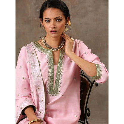 Bbaawri Pink Green Hand Embroidered Chanderi Silk Kurta with Pant & Dupatta (Set of 3)