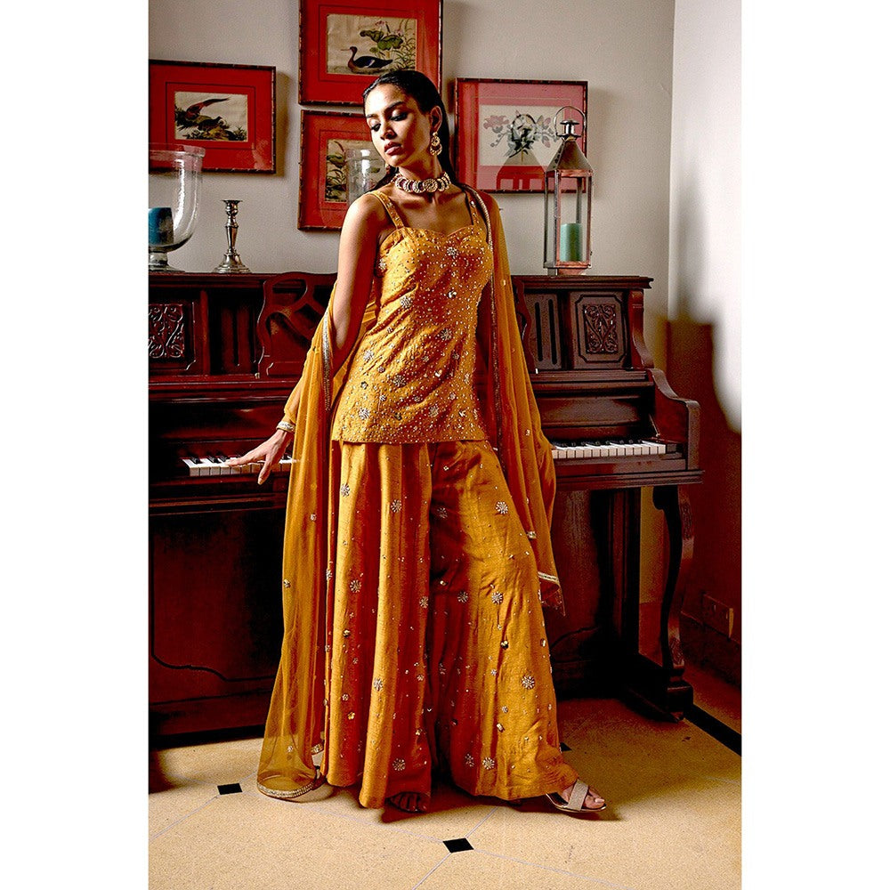Bbaawri Mustard Sassy Hand Embroidered Top with Sharara & Dupatta (Set of 3)