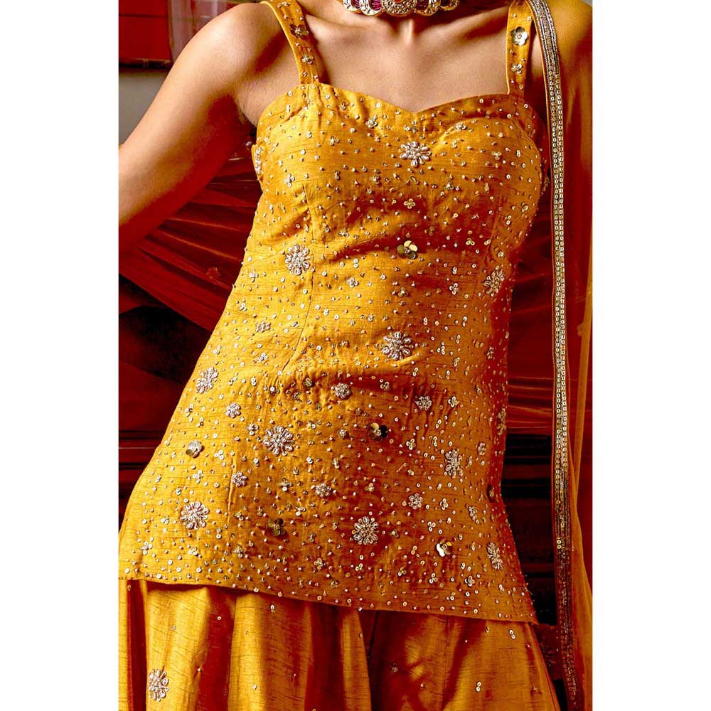Bbaawri Mustard Sassy Hand Embroidered Top with Sharara & Dupatta (Set of 3)