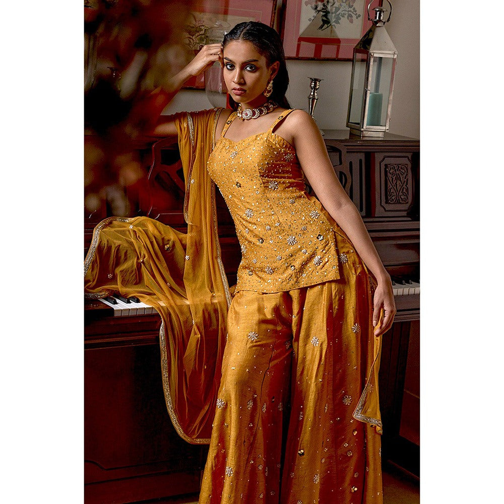 Bbaawri Mustard Sassy Hand Embroidered Top with Sharara & Dupatta (Set of 3)