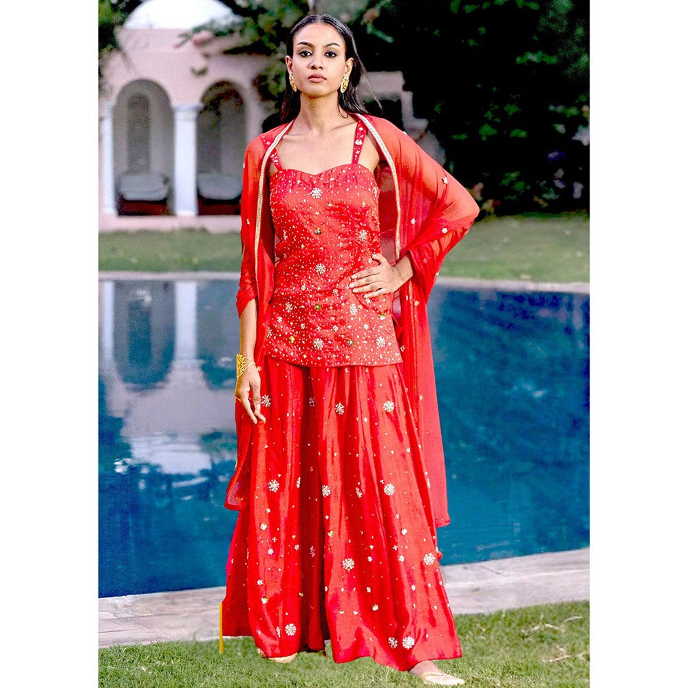 Bbaawri Red Sassy Hand Embroidered Top with Sharara & Dupatta (Set of 3)