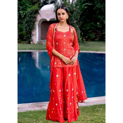 Bbaawri Red Sassy Hand Embroidered Top with Sharara & Dupatta (Set of 3)
