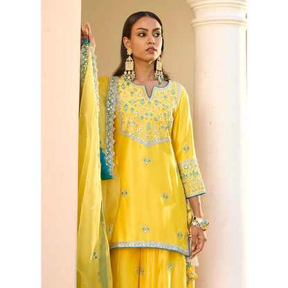Bbaawri Yellow Silk Zardosi Resham Naksshi Embroidered Top with Sharara & Dupatta (Set of 3)