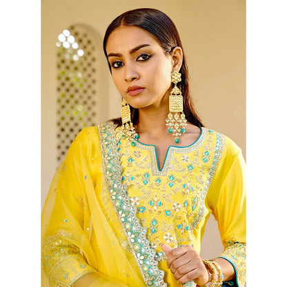 Bbaawri Yellow Silk Zardosi Resham Naksshi Embroidered Top with Sharara & Dupatta (Set of 3)