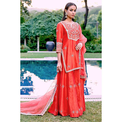 Bbaawri Red Blue Silk Zardosi Resham Naksshi Embroidered Top with Sharara & Dupatta (Set of 3)
