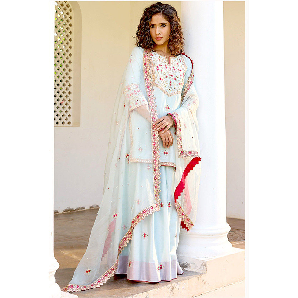 Bbaawri Blue Silk Zardosi Resham Naksshi Embroidered Top with Sharara & Dupatta (Set of 3)