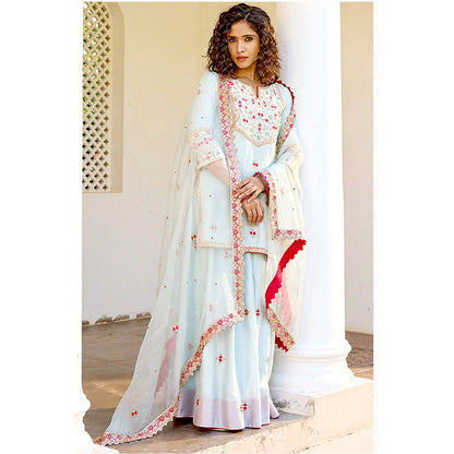 Bbaawri Blue Silk Zardosi Resham Naksshi Embroidered Top with Sharara & Dupatta (Set of 3)