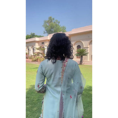 Bbaawri Blue Silk Zardosi Resham Naksshi Embroidered Top with Sharara & Dupatta (Set of 3)