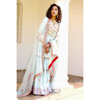 Bbaawri Blue Silk Zardosi Resham Naksshi Embroidered Top with Sharara & Dupatta (Set of 3)