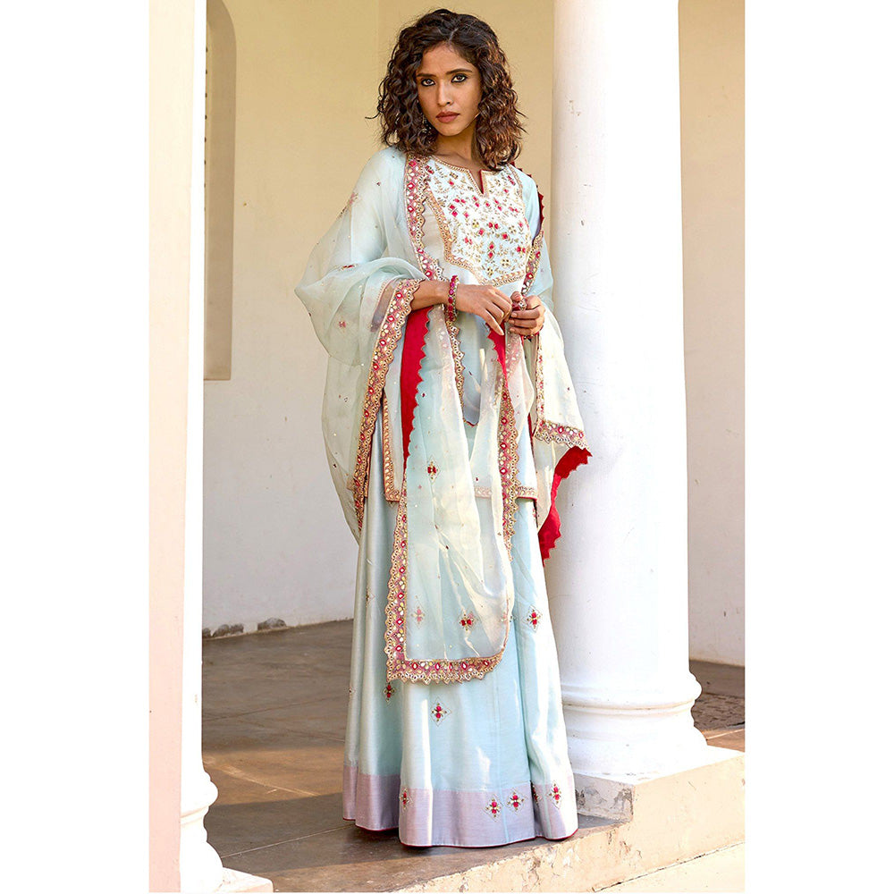 Bbaawri Blue Silk Zardosi Resham Naksshi Embroidered Top with Sharara & Dupatta (Set of 3)