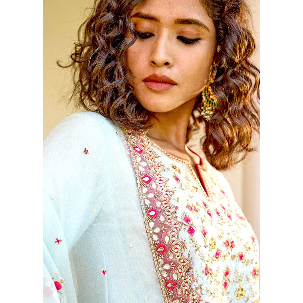 Bbaawri Blue Silk Zardosi Resham Naksshi Embroidered Top with Sharara & Dupatta (Set of 3)