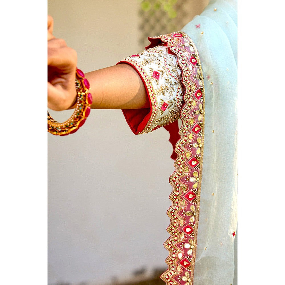 Bbaawri Blue Silk Zardosi Resham Naksshi Embroidered Top with Sharara & Dupatta (Set of 3)