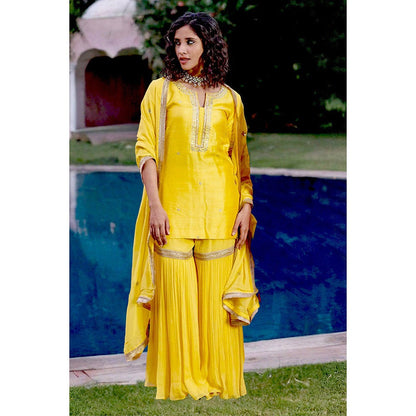 Bbaawri Yellow Silk Georgette Embroidered Top with Sharara & Dupatta (Set of 3)