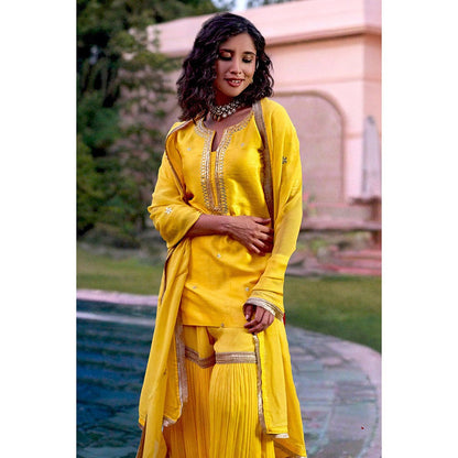 Bbaawri Yellow Silk Georgette Embroidered Top with Sharara & Dupatta (Set of 3)