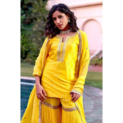 Bbaawri Yellow Silk Georgette Embroidered Top with Sharara & Dupatta (Set of 3)