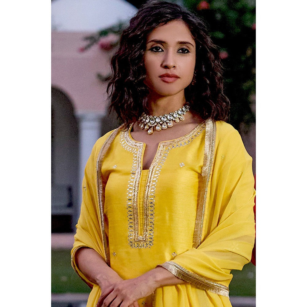 Bbaawri Yellow Silk Georgette Embroidered Top with Sharara & Dupatta (Set of 3)