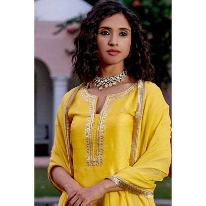 Bbaawri Yellow Silk Georgette Embroidered Top with Sharara & Dupatta (Set of 3)