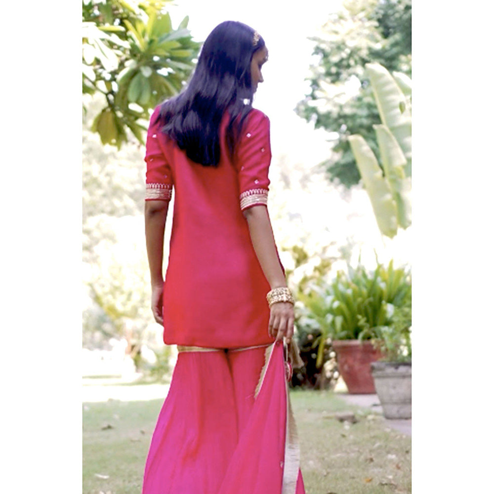 Bbaawri Yellow Silk Georgette Embroidered Top with Sharara & Dupatta (Set of 3)