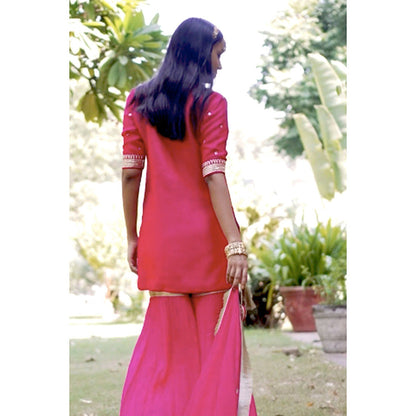 Bbaawri Yellow Silk Georgette Embroidered Top with Sharara & Dupatta (Set of 3)