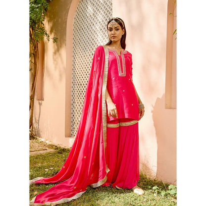 Bbaawri Yellow Silk Georgette Embroidered Top with Sharara & Dupatta (Set of 3)