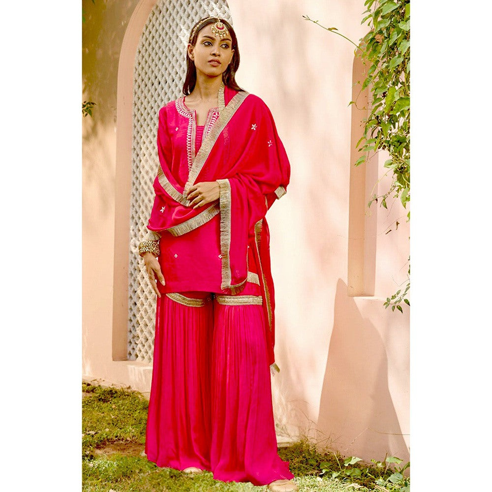 Bbaawri Yellow Silk Georgette Embroidered Top with Sharara & Dupatta (Set of 3)