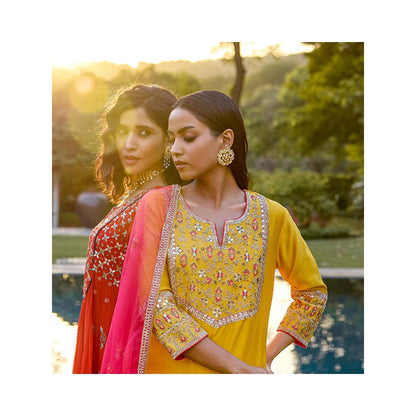 Bbaawri Yellow Hand Embroidered Silk Kurta with Pant & Dupatta (Set of 3)
