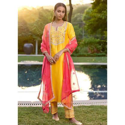 Bbaawri Yellow Hand Embroidered Silk Kurta with Pant & Dupatta (Set of 3)