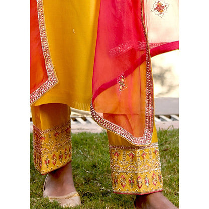 Bbaawri Yellow Hand Embroidered Silk Kurta with Pant & Dupatta (Set of 3)